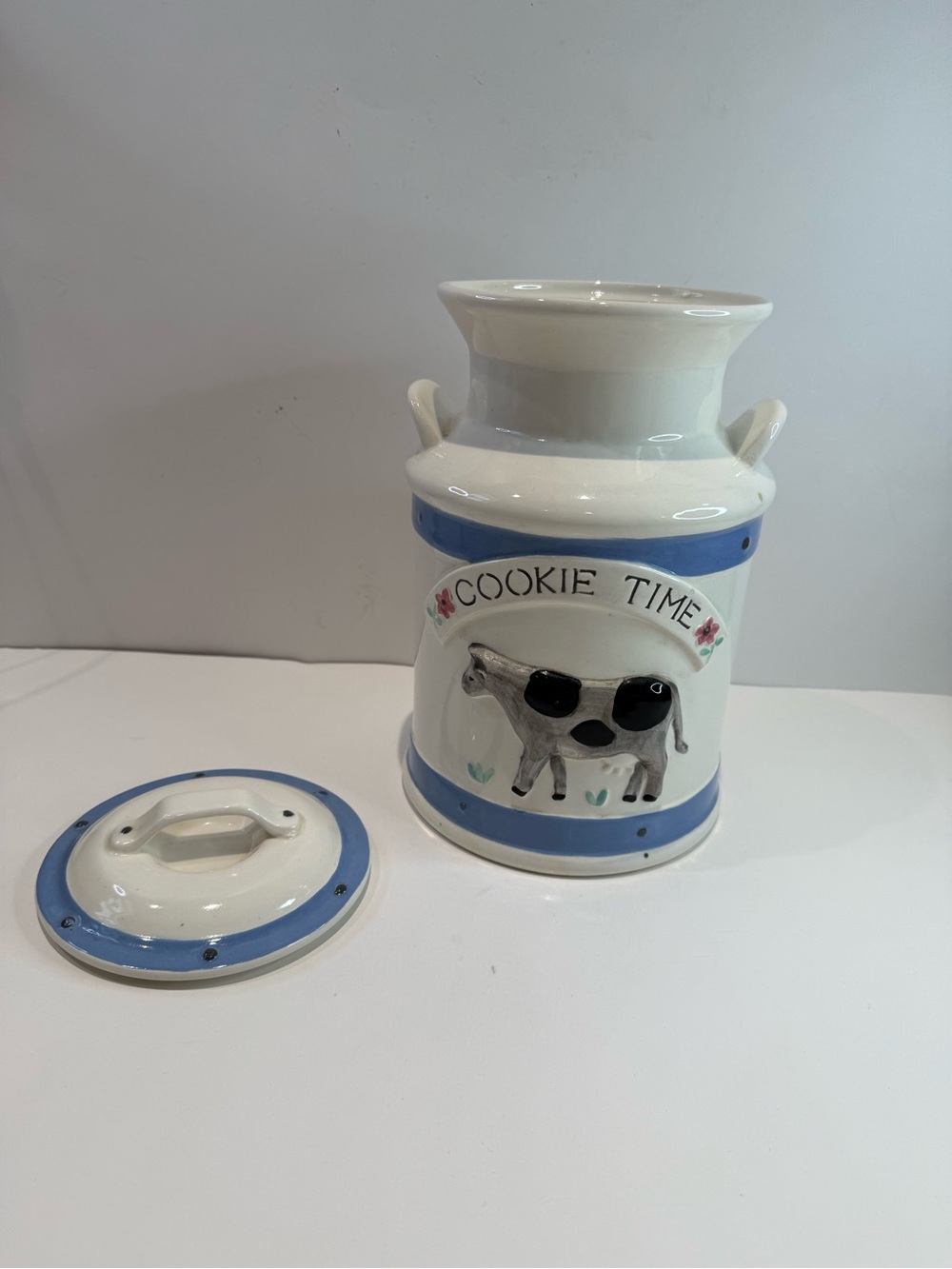 Vintage Treasure Craft Cookie Time Ceramic Milk Can Cookie Jar 3D Cow